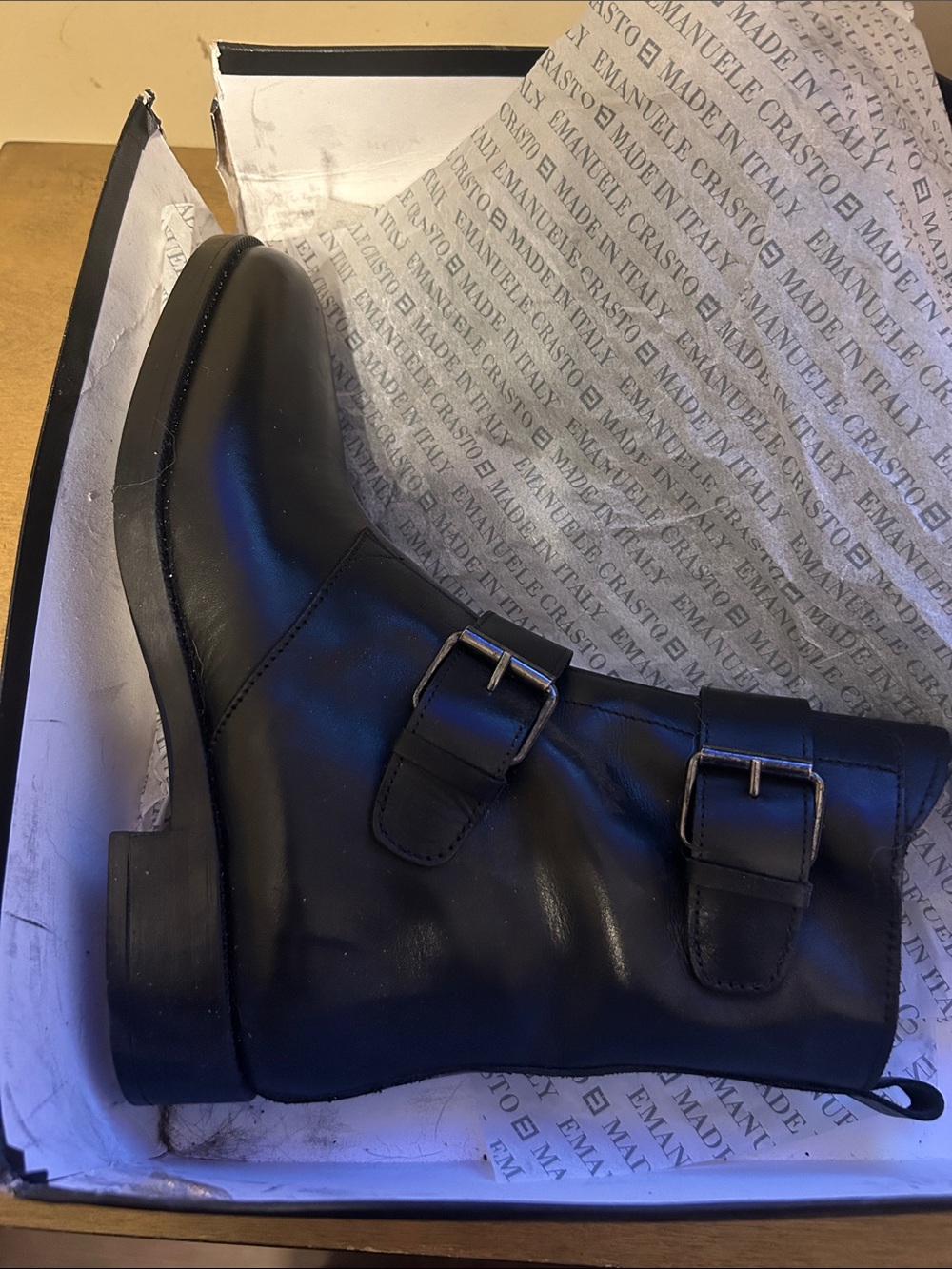 Black Leather Double-Buckle Combat Boots